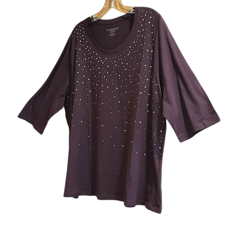 Catherine Petite 1X Plus Modal Cotton Purple Rhinestone 3/4 Sleeve Top Stretch - Picture 2 of 9